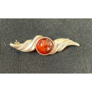Sterling Silver and Orange Amber Brooch Pin VINTAGE